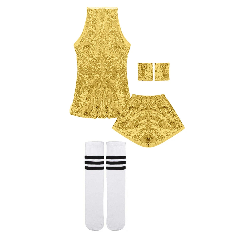 Girls Sequin Jazz Dance Costume with Sleeveless A-Line Dress, Shorts, Socks and Wristbands, Sparkly Hip Hop Stage Outfit for Ages 4-12