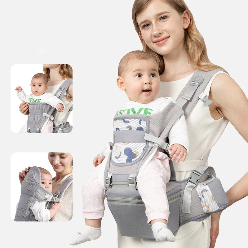 Front and Back Baby Carrier with Hip Seat, Adjustable Buckle Straps and Wide Waist Belt, Gray or Dark Blue Babywearing for Family Outings