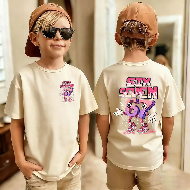 Six Seven Kids T-Shirt with Funny 67 Number Graphic, Short Sleeve Summer Top for Boys and Girls, Casual Playdate Outfits and Birthday Fan Gifts