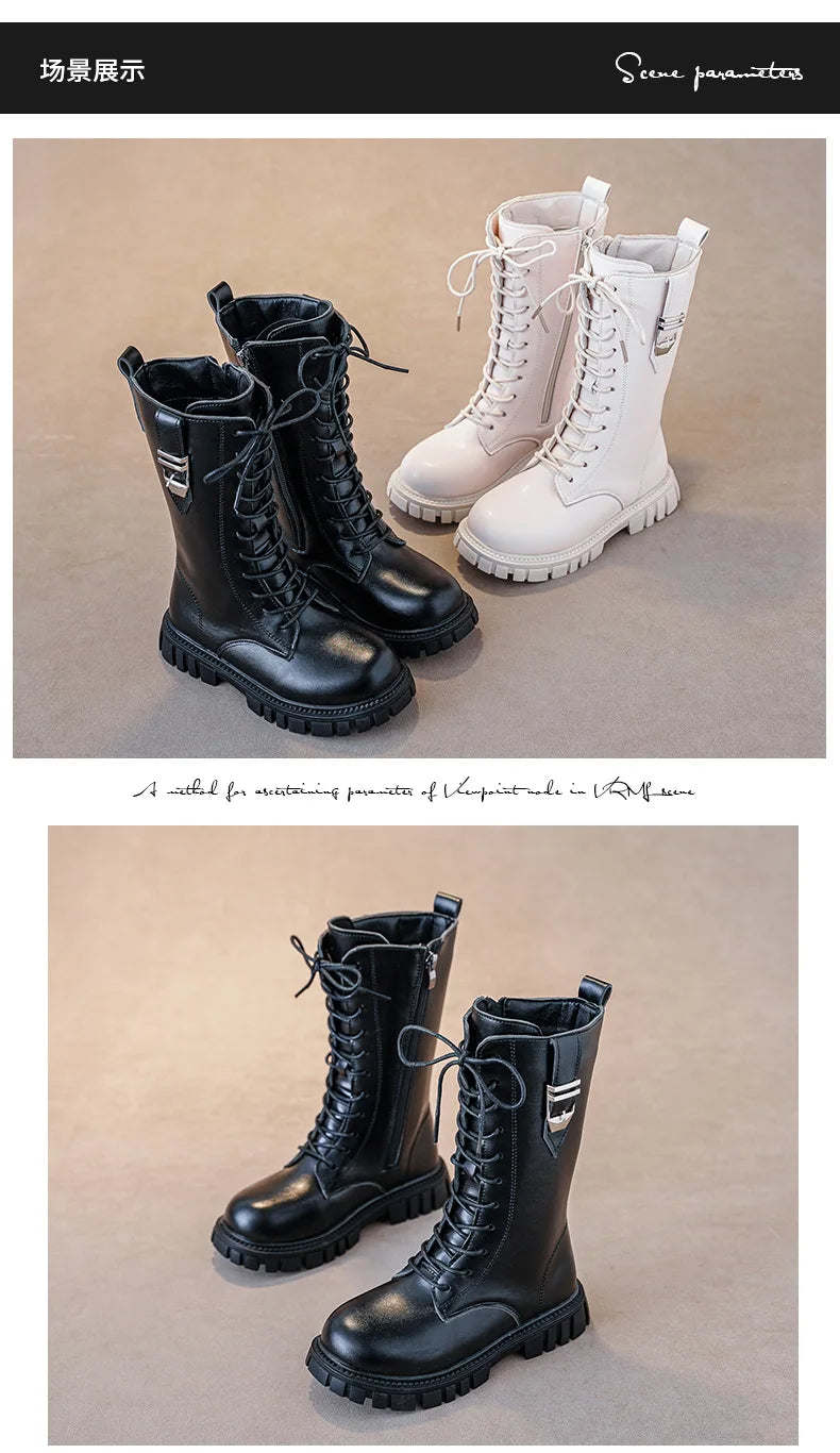 Girls Buckle Detail Tall Boots with Lace-Up Front and Side Zippers, Chunky Lug-Style Soles and Round Toes for Casual Fall Outfits
