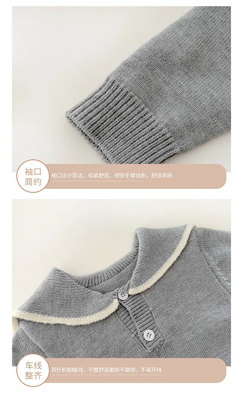 Sailor Collar Baby Knit Romper with Long Sleeves and Button Fastenings, Footless One-Piece Outfit in Gray, Stripe or Dark Blue, Sizes 66-100