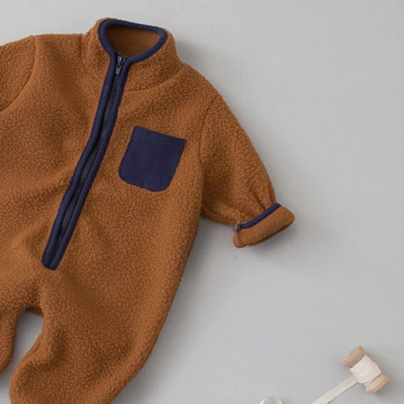 Zip Front Baby Fleece Romper by MILANCEL with Contrast Chest Pocket, Long Sleeve Footless One-Piece Outerwear in Brown, Beige and Green, 3-24M