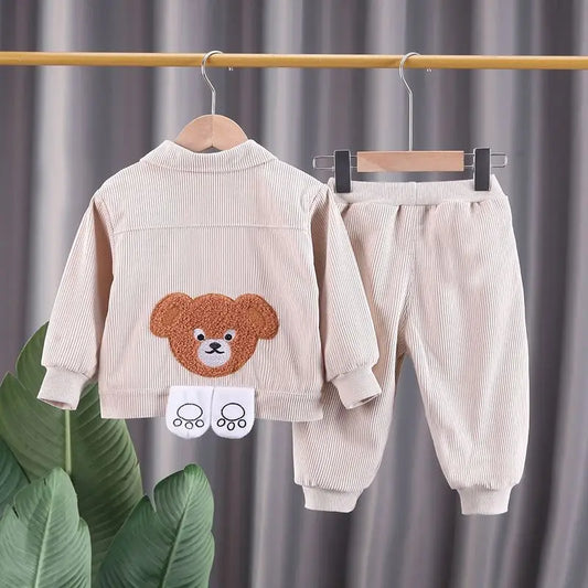 Toddler Bear Pocket Outfit Set, Two-Piece Button-Front Collared Jacket and Matching Pants for Boys and Girls, Blue or Khaki, 12-18M to 5T