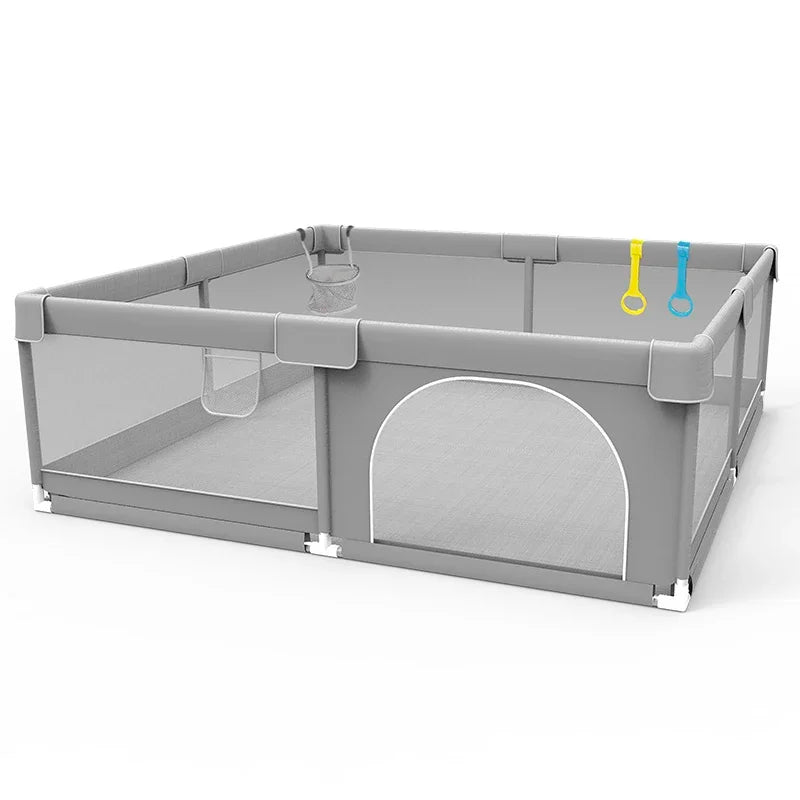 Baby Playpen with Pull Rings by IMBABY, Light Gray Mesh Activity Fence with Zippered Door and Multiple Size Options for Supervised Play