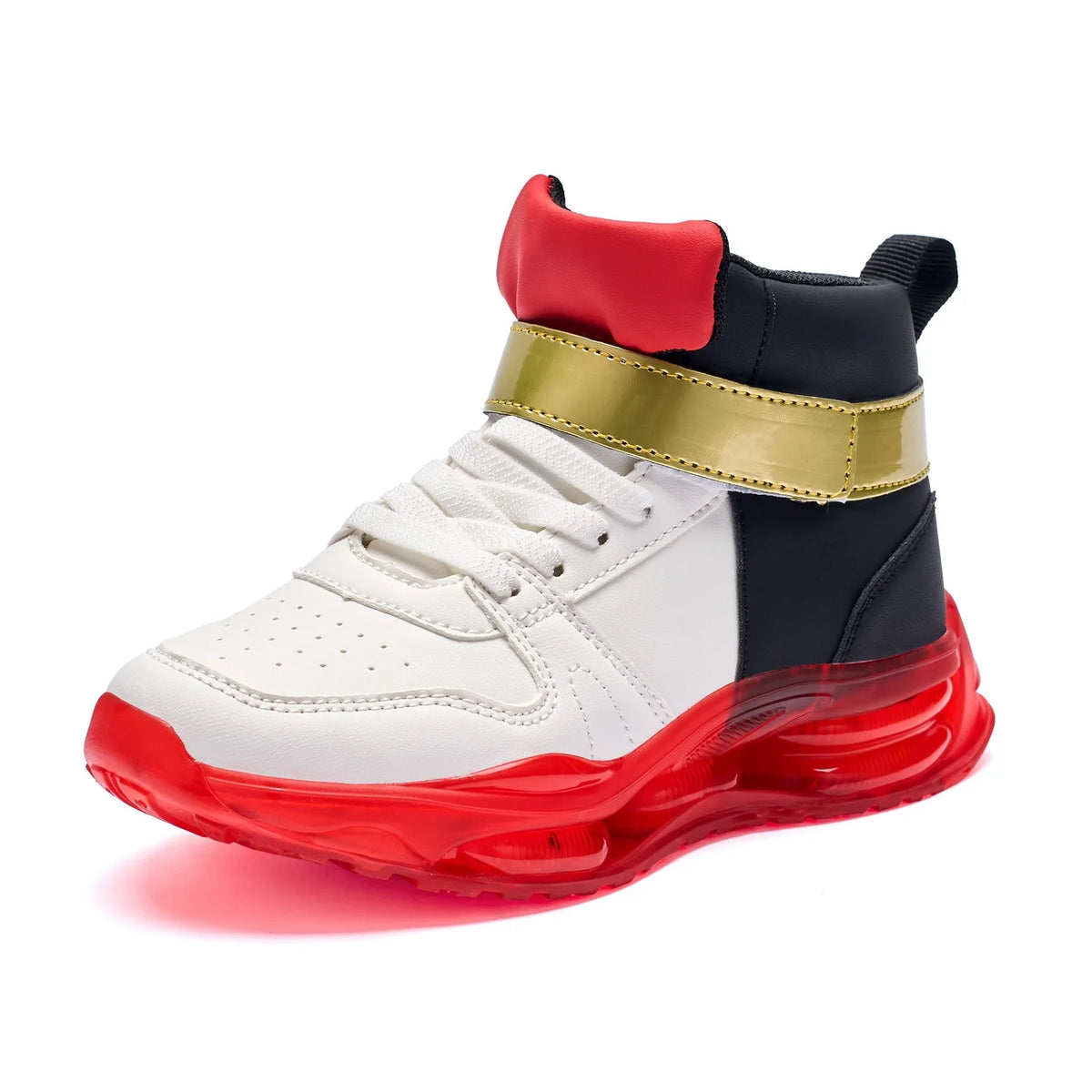 Shadow-Inspired High-Top Sneakers with Red Soles, White and Black Panels and Gold Strap Detail for Kids, Teens and Adult Casual Outfits