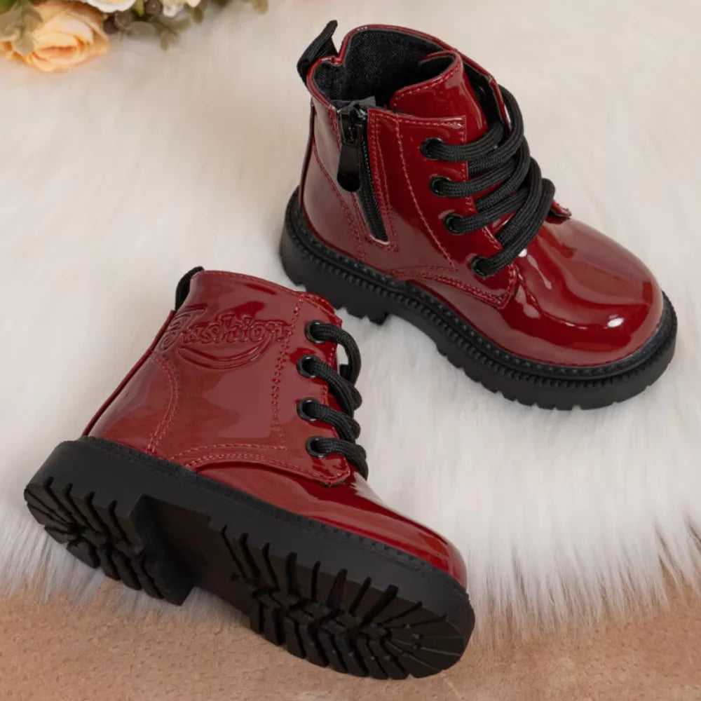 Kids PU Leather Combat Ankle Boots with Lace-Up Front, Side Zipper and Black Chunky Soles, Boys and Girls Fall Winter Shoes in Sizes 21-30