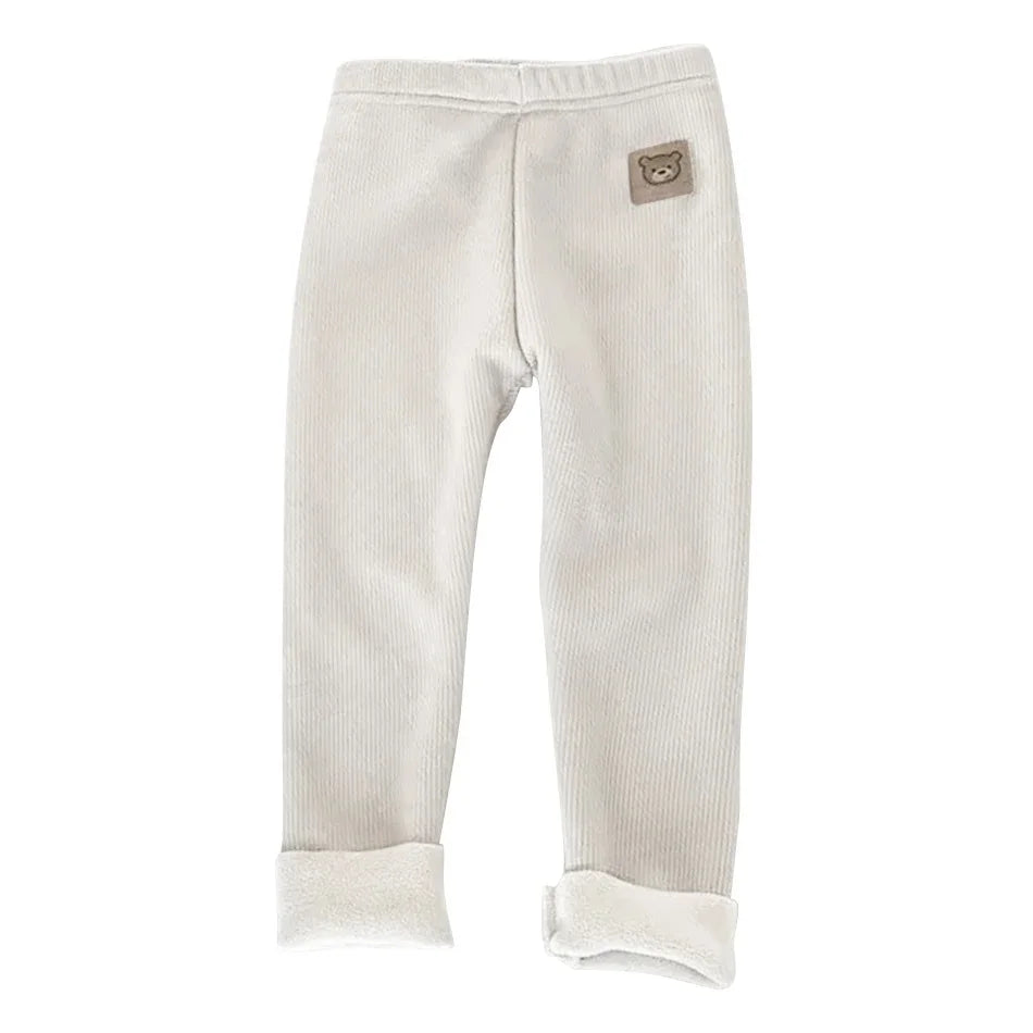 Ribbed Toddler Fleece Lined Pants with Bear Patch, Elastic Waist Pull-On Winter Trousers for Boys and Girls, Listed Sizes 12M to 6T
