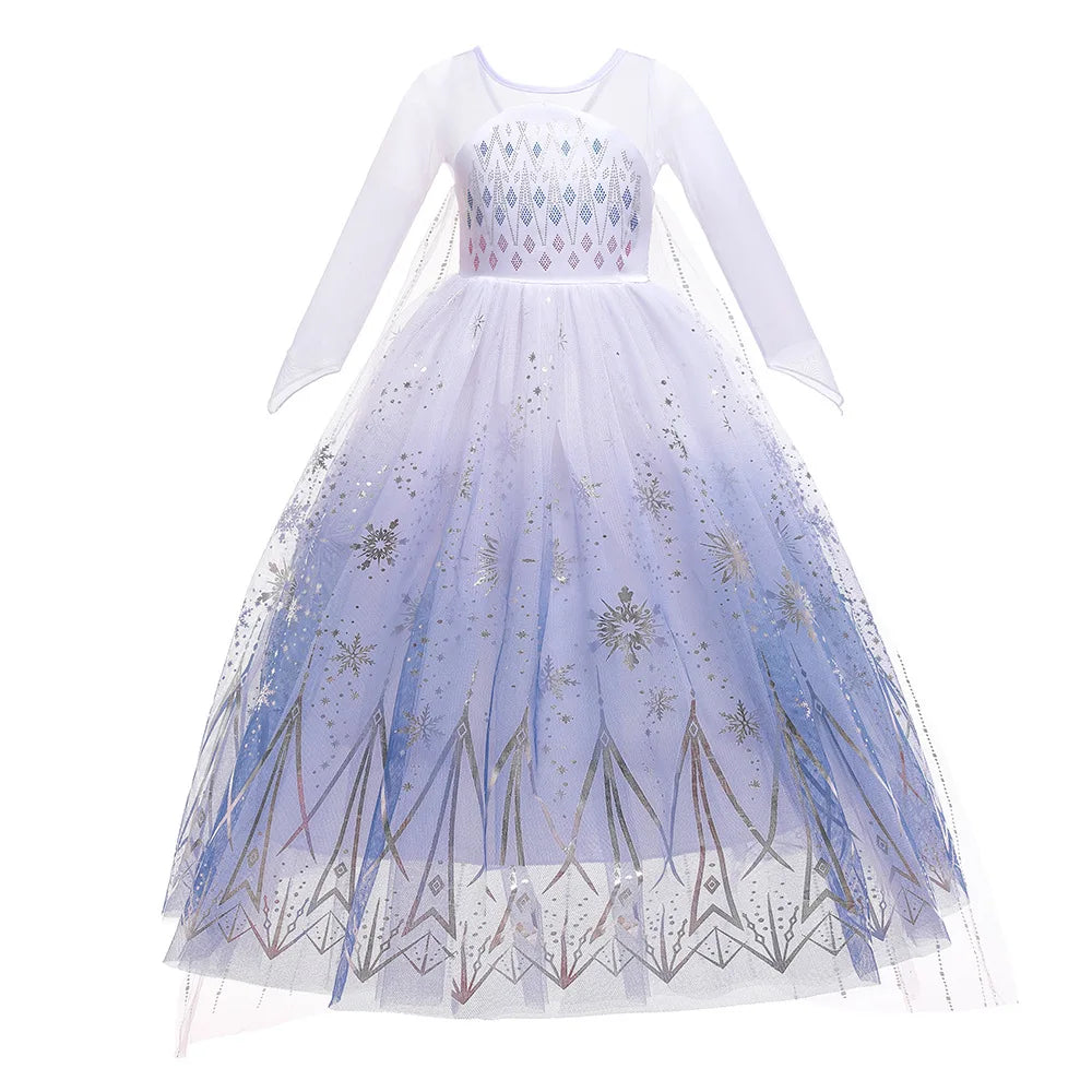White Snowflake Princess Dress for Girls with Sheer Long Sleeves and Flowing Mesh Skirt, Snow Queen Costume for Birthdays and Halloween
