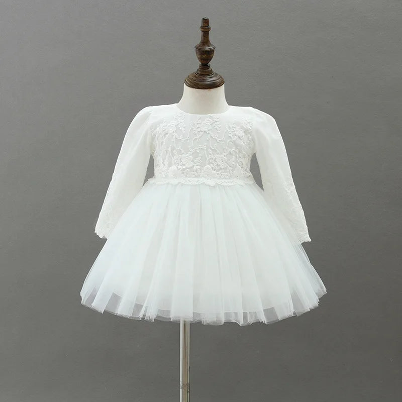 Baby Baptism Gown for Girls with Long Sleeves, Lace Details and Cotton Lining, Dress and Cap Set for Christening and First Birthday Photos