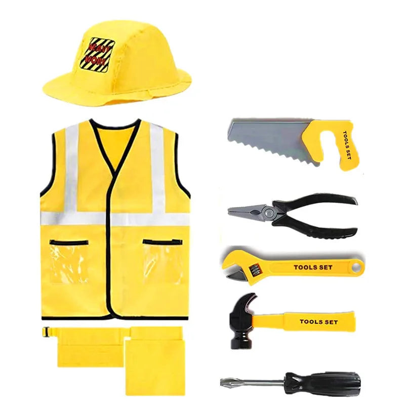 Construction Worker Dress-Up Set for Kids Ages 3-6, Builder Costume with Vest, Hat and Pretend Tools for Career Day and Birthday Play