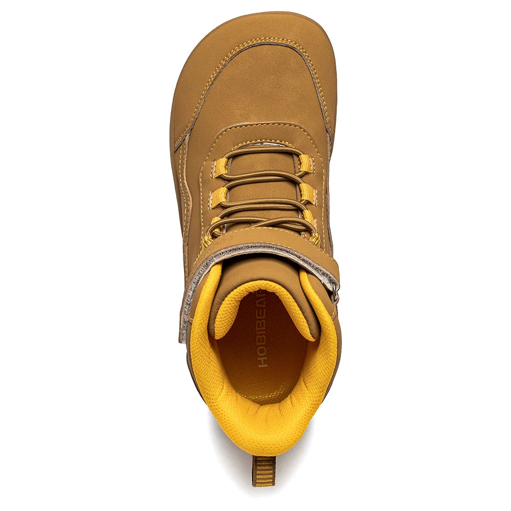 Kids Barefoot Boots with Wide Toe Box, Zero-Drop Sole and Adjustable Hook-and-Loop Strap, HOBIBEAR Artificial Leather Mid-Top Outdoor Shoes
