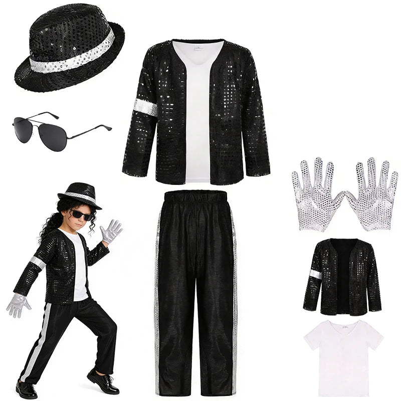 Kids Pop Star Costume with Black Sequin Jacket and Pants Set Options, Retro Dance Performance Outfit for Halloween and Parties, Sizes S-XL