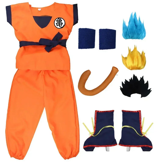 Son Goku Halloween Costume for Children and Adults, Orange Anime Dress-Up Suit in Polyester with 6/8/9-Piece and Wig Selection Options