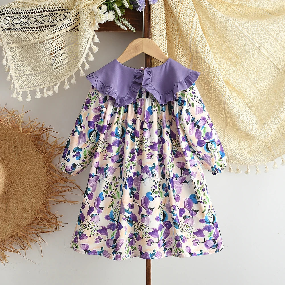 Toddler Girls Floral Dress with Oversized Collar and Long Sleeves, Bear Leader Outfit in Sizes 2T–6T for Spring, Fall and Family Photos