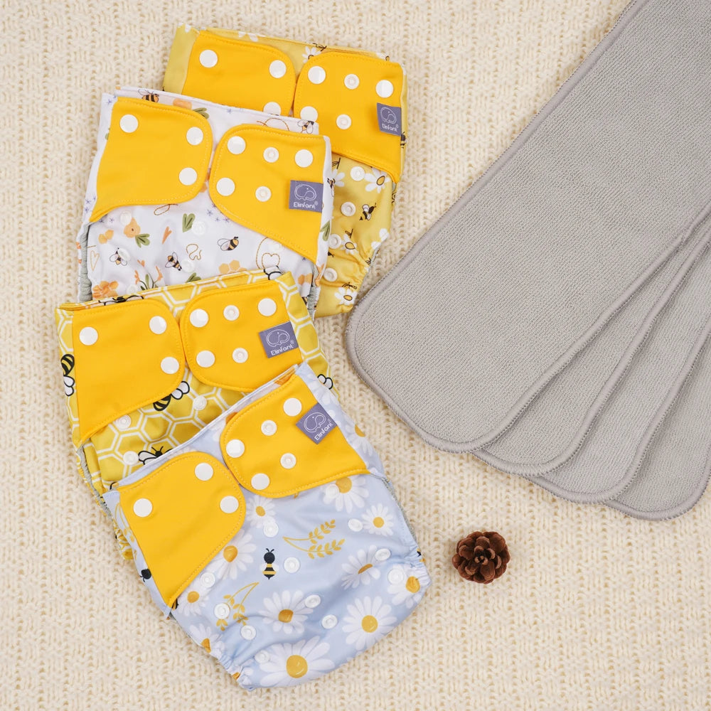 Mesh-Lined Cloth Diapers by Elinfant, 4-Pack Adjustable Pocket Baby Nappies with 4 Three-Layer Microfiber Inserts and Waterproof PUL Outer