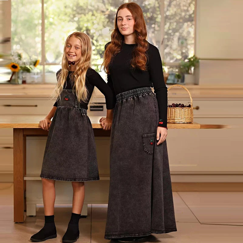 Black Denim Family Matching Outfits with Embroidered Details, Girls Dresses and Skirts, Boys Shirts and Baby Sets for Sibling Photos