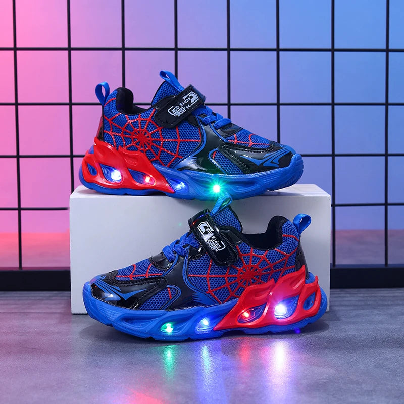 Motion-Activated Light-Up Sneakers for Kids, MGO Breathable Mesh Shoes with Spider-Web Pattern and LED Soles in Red, Blue or Black