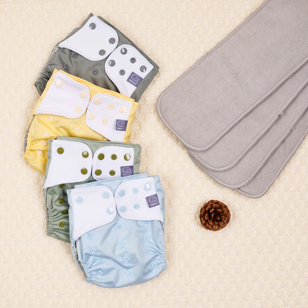 Mesh-Lined Cloth Diapers by Elinfant, 4-Pack Adjustable Pocket Baby Nappies with 4 Three-Layer Microfiber Inserts and Waterproof PUL Outer