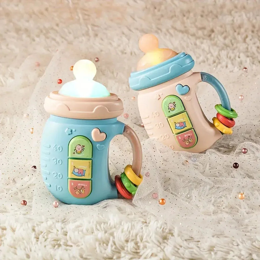 Bottle-Shaped Musical Baby Rattle with Light-Up Top, Three Picture Buttons and Colorful Handle Rings for Supervised Sensory Play and Gifts