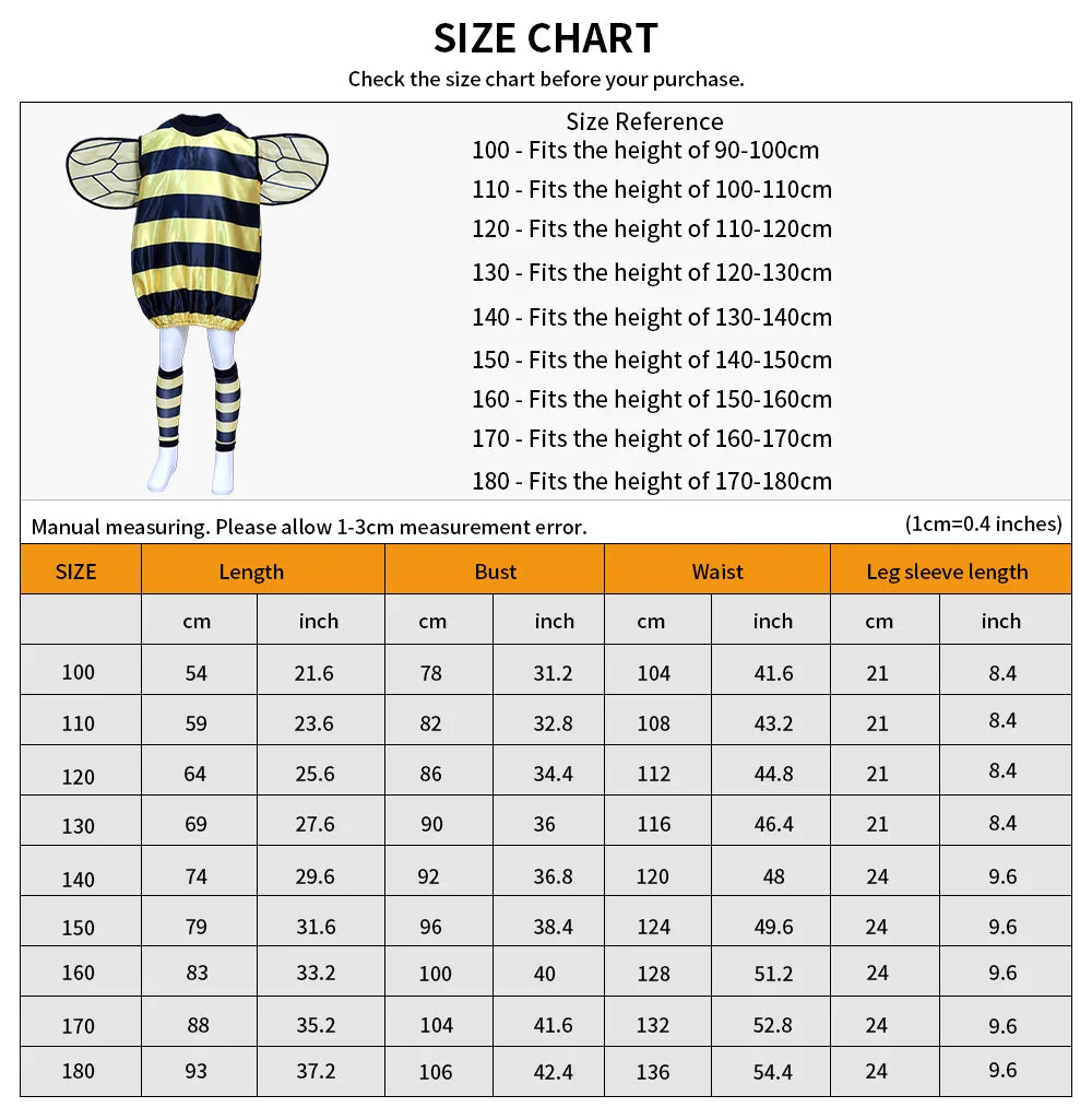 Kids Bee Costume Set with Headband for Halloween, School Performances and Insect-Themed Dress-Up, Size Options for Heights 90–160 cm