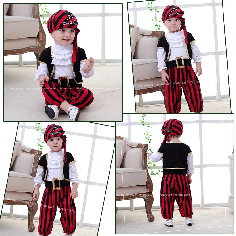 Infant Pirate Romper Costume Set with Vest, Head Scarf and Belt, Cotton Blend Red Stripe Outfit for Baby and Toddler Halloween Parties