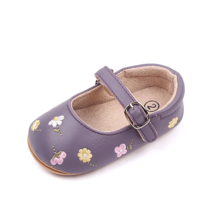 Baby Floral Mary Jane Shoes with Embroidered Flowers, Soft TPR Soles and PU Uppers in Beige Brown or Lavender for Dressy Outfits, Sizes 0-18 Months