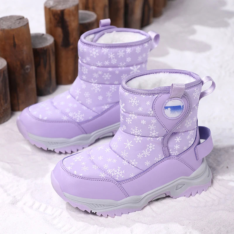 Snowflake Print Kids Winter Boots with Padded Shafts, Pull Tabs and Chunky Tread Soles, Pink Snow-Style Footwear for Boys and Girls