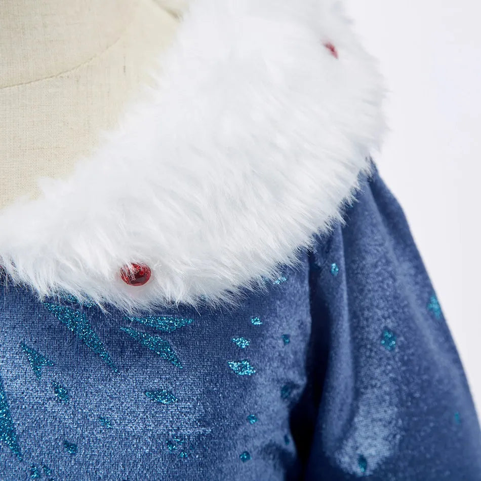 Girls Ice Princess Costume Dress with Long Sleeves, Fluffy Collar and Snowflake Cape, Blue Snow Queen Outfit for Birthdays and Halloween
