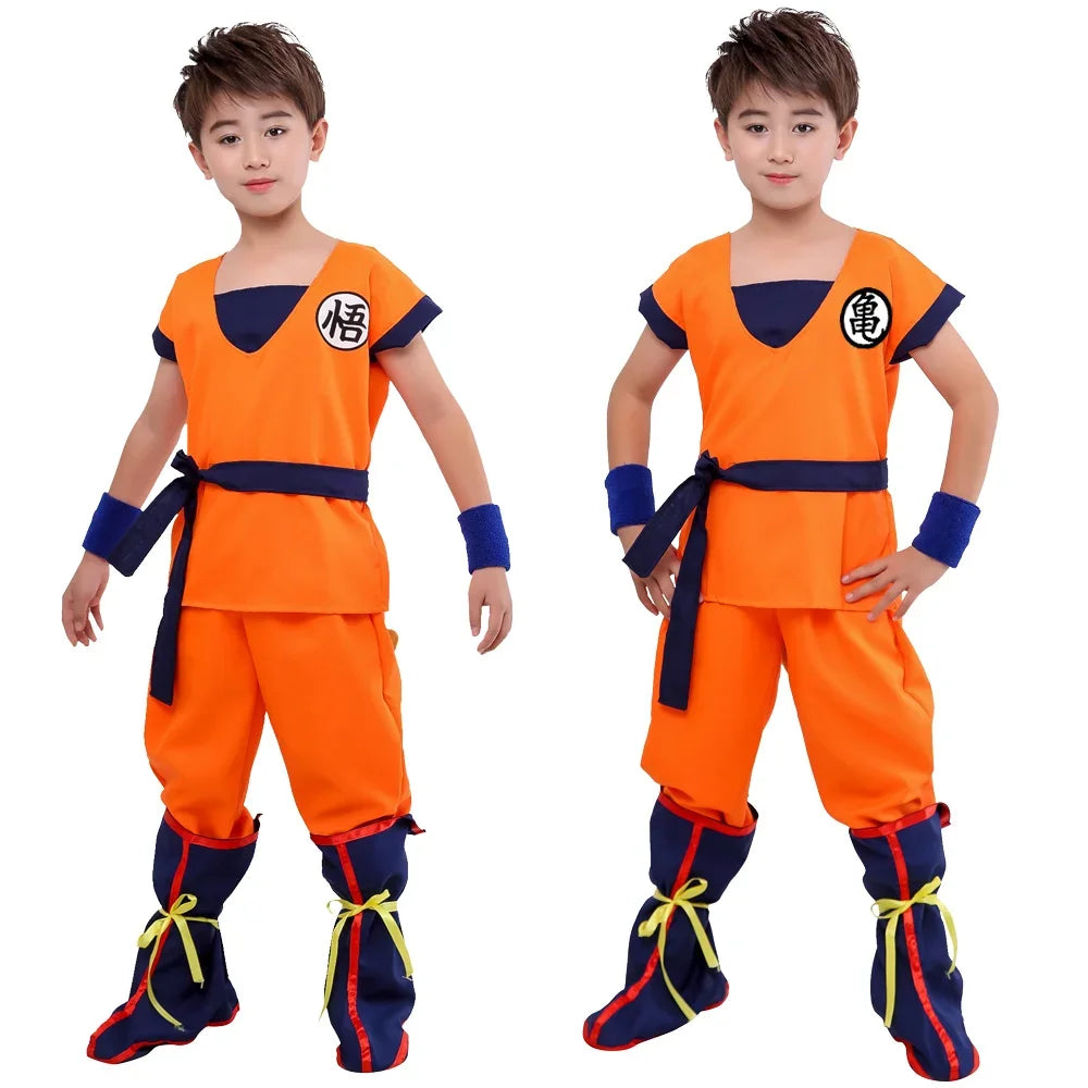 Orange Anime Gi Costume for Kids and Adults, Goku-Inspired Polyester Top and Pants with 5, 6 or 7-Piece Accessory Options for Halloween and Cosplay