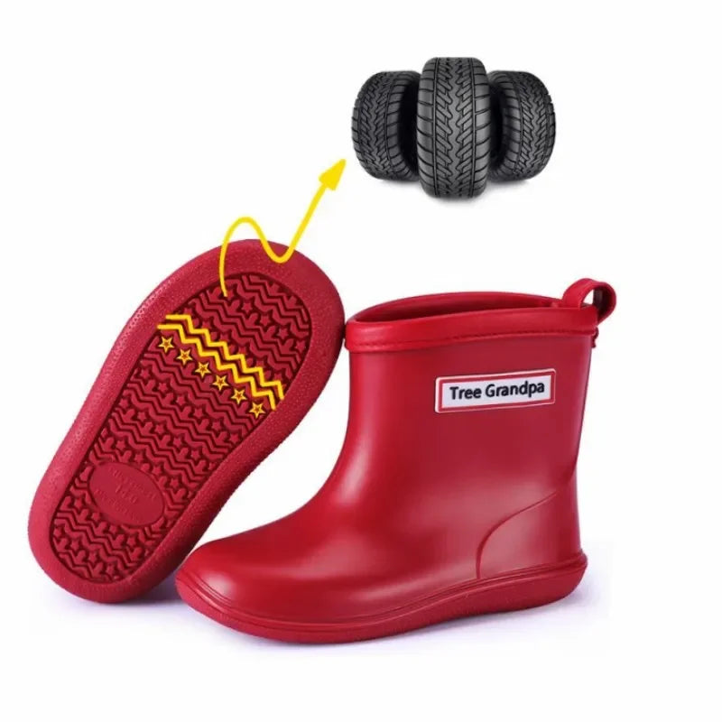 Solid Color Kids Rain Boots in PVC with Rear Pull Tabs, Mid-Calf Pull-On Rainy-Day Shoes for Boys and Girls, Eight Colors and Listed Sizes 5-12