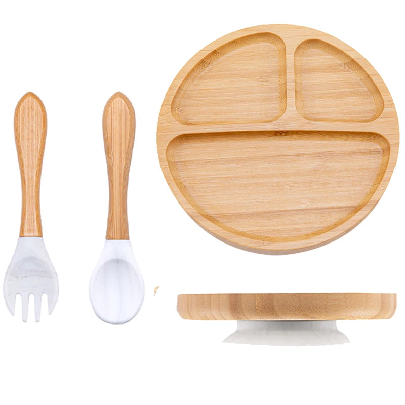 Baby Bamboo Suction Plate Set with Wooden-Handle Spoon and Fork, 3-Piece Cartoon Dinnerware with Divided Elephant Design for Toddler Meals