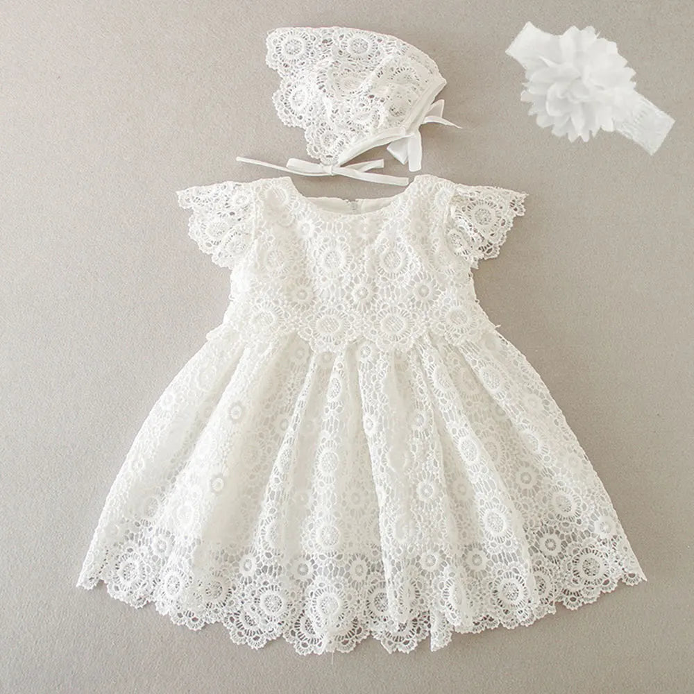 Baby Baptism Gown for Girls with Long Sleeves, Lace Details and Cotton Lining, Dress and Cap Set for Christening and First Birthday Photos