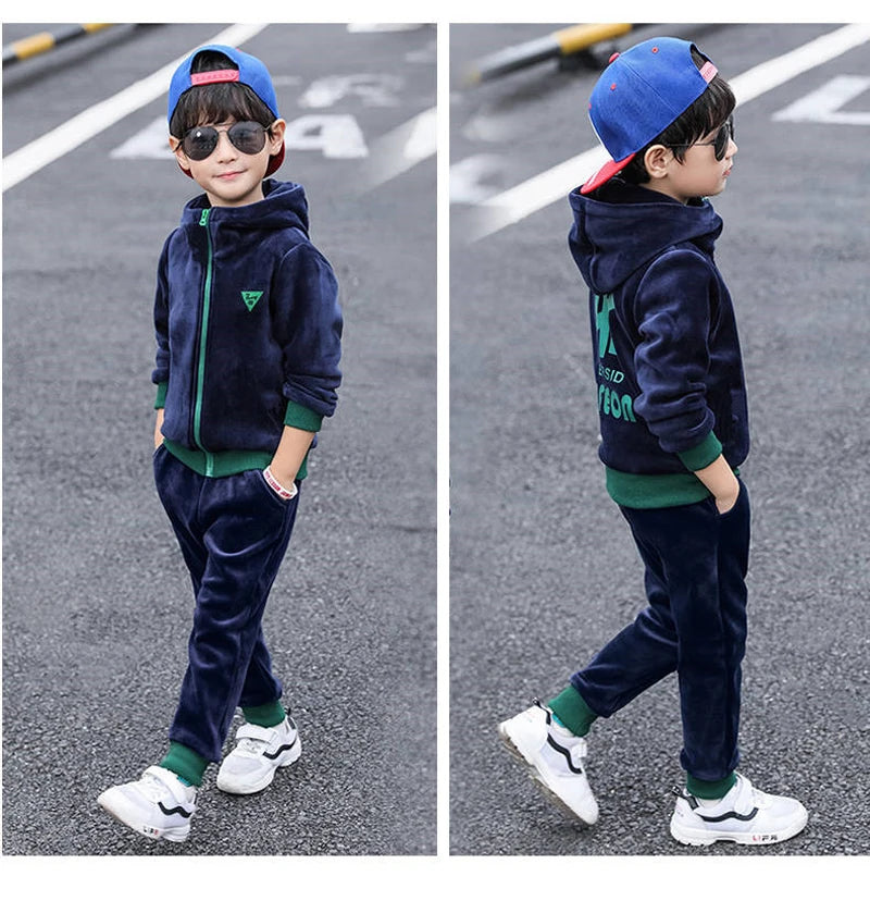 Boys Winter Tracksuit Set with Velvet-Texture Zip-Up Hooded Jacket and Matching Pants, 2-Piece Polyester Outfit for Ages 3-10