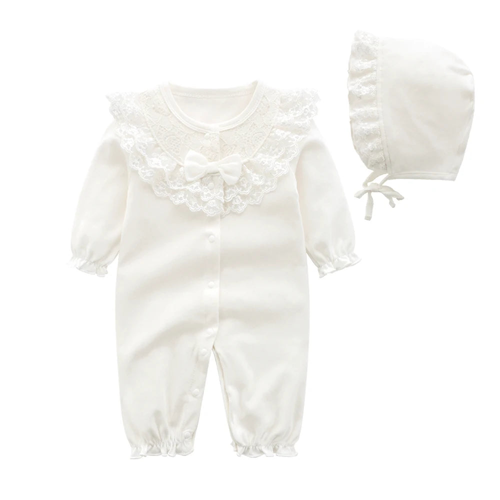 Baby Girl Jumpsuit and Hat Set with Ink-Style Print and Ruffled Yoke, Long Sleeve Cotton Outfit for Spring, Fall and Family Photos, Sizes 59-90