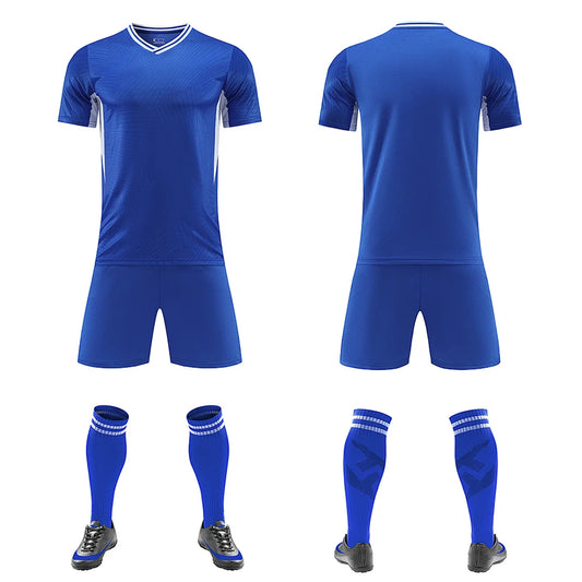 Kids Soccer Training Outfit with Short Sleeve V-Neck Jersey and Shorts, Contrast Trim Sports Clothing Set for Boys and Girls, Youth and Adult Sizes