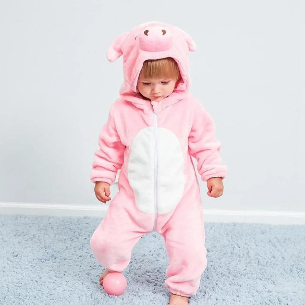 Baby Animal Hooded Costume Jumpsuit with Flannel Styling, Duck, Rabbit, Leopard and More Dress-Up Options for Boys and Girls, Sizes 70-120
