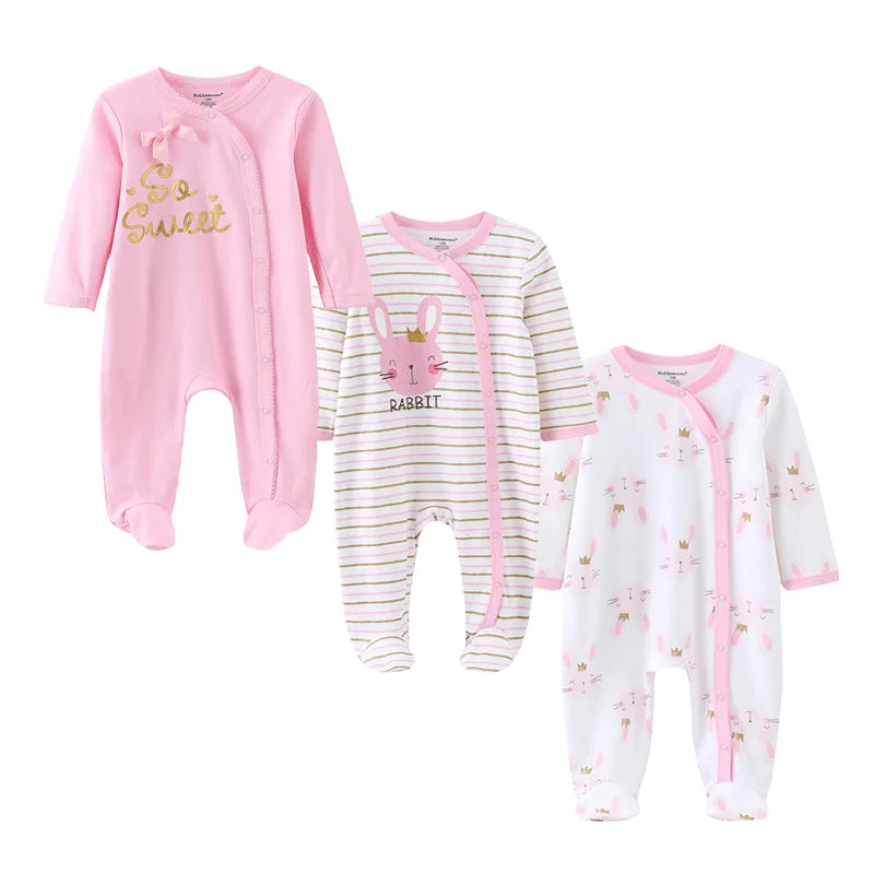 Baby Footed Jumpsuits 3-Pack, 100% Cotton Long Sleeve Cartoon Rompers for Newborn Boys and Girls, Fall and Winter Everyday Outfits