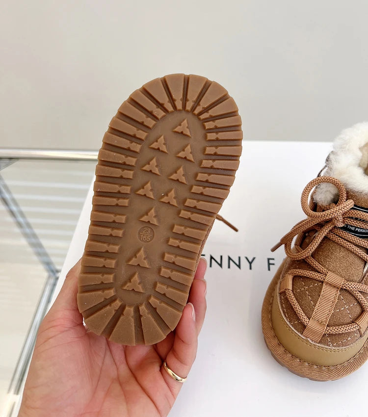 Plush-Lined Toddler Ankle Boots with Lace-Up Front and Side Zipper, Camel or Black Winter Shoes for Boys and Girls, Sizes 18-30