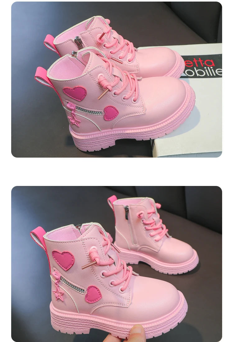 Girls Heart Ankle Boots with Lace-Up Front, Side Zipper and Star Accents, Pink or Black Fashion Shoes with Optional Plush Lining, Sizes 26–37