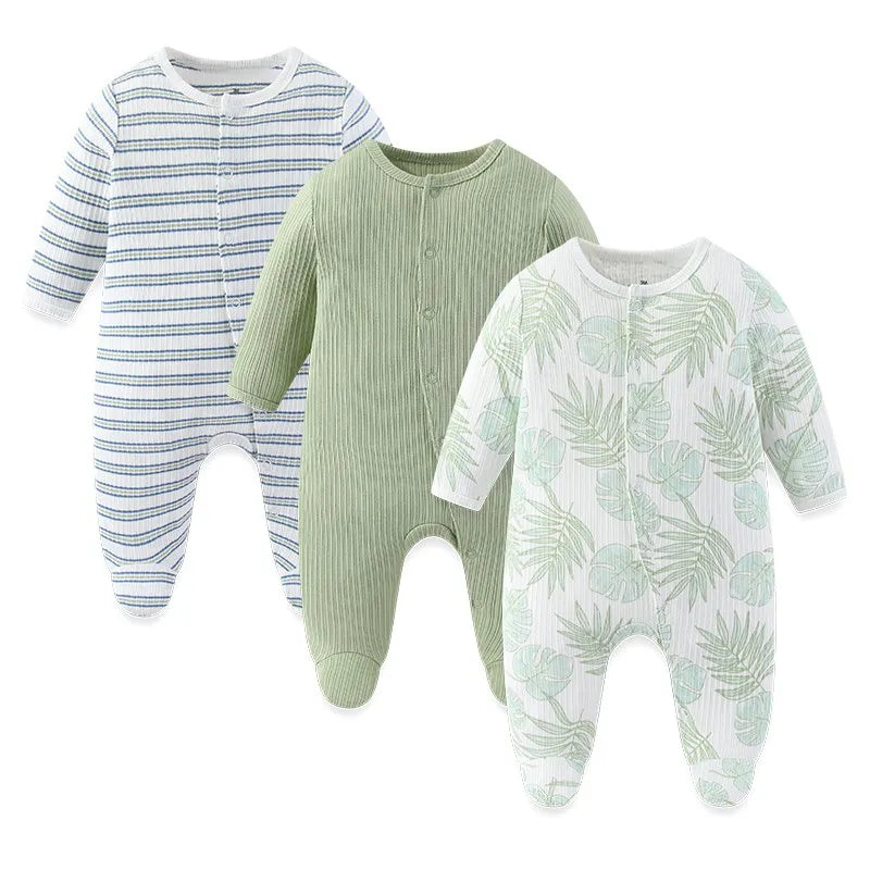 Baby Footed Jumpsuits 3-Pack, 100% Cotton Long Sleeve Cartoon Rompers for Newborn Boys and Girls, Fall and Winter Everyday Outfits