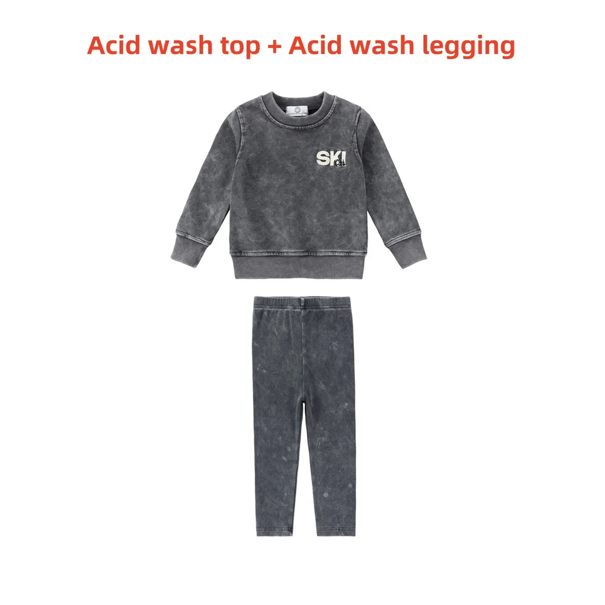 Kids Ski Graphic Cotton Outfits in Ecru, Hunter Green and Acid Wash Grey, Coordinating Sweatshirts, Dresses and Baby Sets for Sibling Matching Looks
