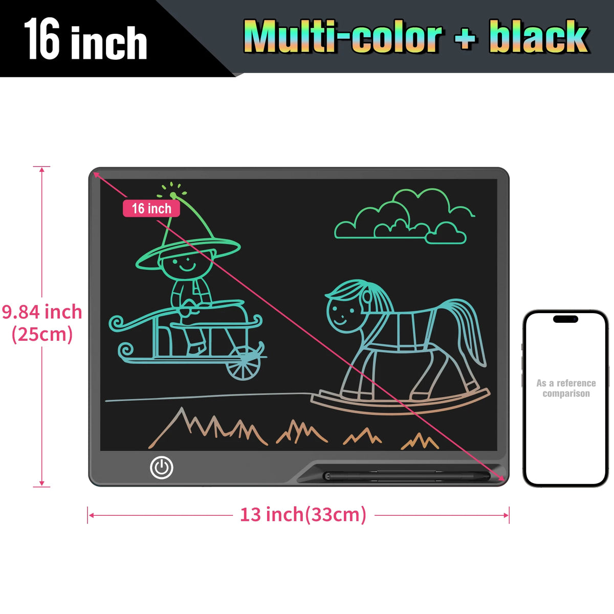 Rechargeable LCD Writing Tablet for Kids, 16 or 20 Inch Color Drawing Board with Screen Lock, Erase Button and Stylus for Learning and Memos