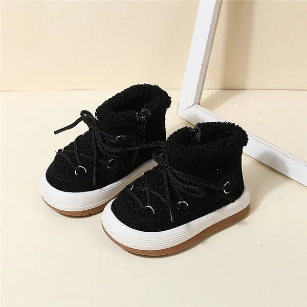 Toddler Plush Ankle Boots with Lace-Up Front, Rubber Soles and Fluffy Trim for Boys and Girls, Beige Black or Pink Cool-Weather Shoes