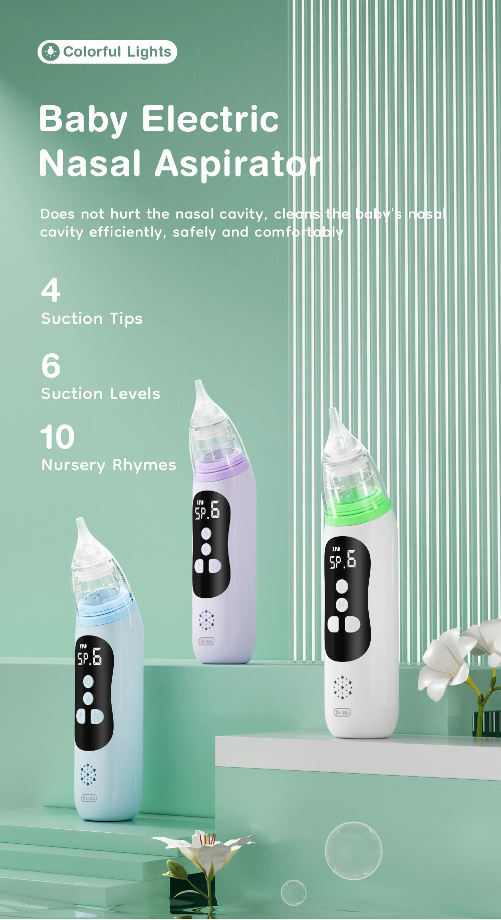 Silicone Tip Baby Nasal Aspirator with Adjustable Electric Suction, Low Noise Handheld Nose Cleaner for Infant and Young Child Care