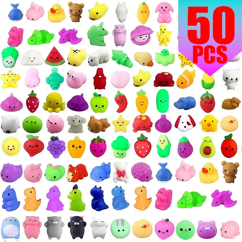 Mochi Squishy Party Favors, Mini Animal and Fruit Squeeze Fidget Toys in Random Assorted Packs for Birthday Goodie Bags and Classroom Prizes
