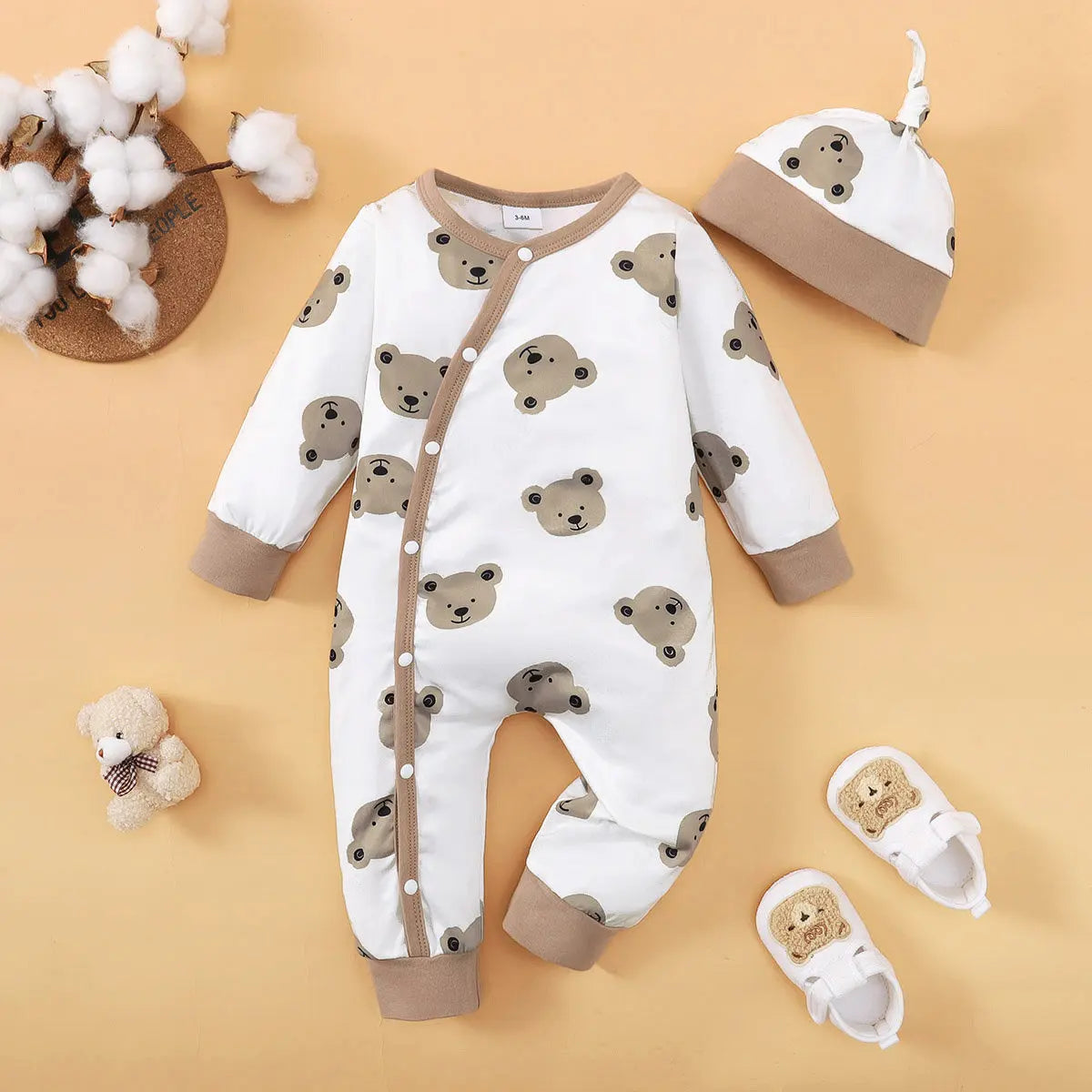 Bear Print Infant Romper with Long Sleeves and Front Fastenings, Contrast Trim and Footless Cuffs for Everyday Baby Outfits, Sizes 1-18 Months