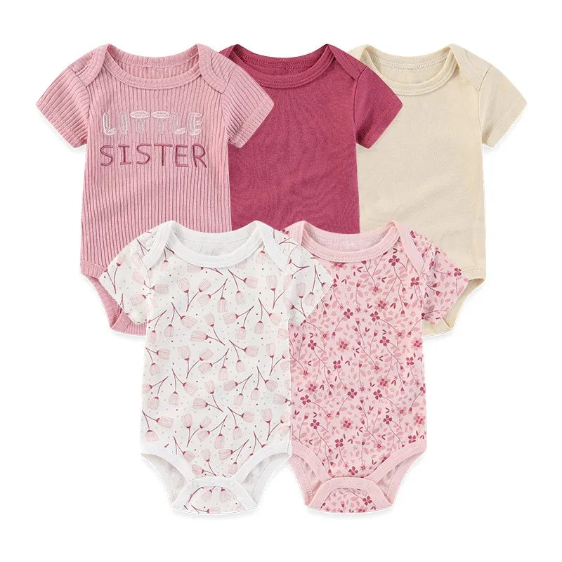 Baby Bodysuit Multipack in Cotton, 4- or 5-Piece Short Sleeve Infant Clothing with Printed and Solid Designs for Boys and Girls, Sizes 3M-12M