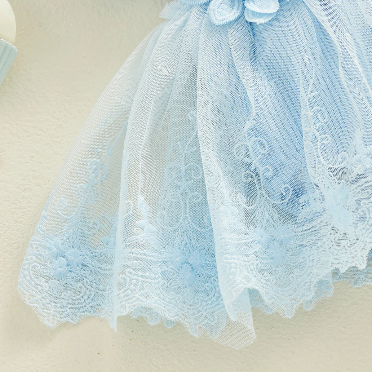Flower Applique Baby Girl Romper Dress with Headband, Lace Mesh Skirt and Waist Bow, Cotton Blend Summer Occasion Outfit for 0-18 Months