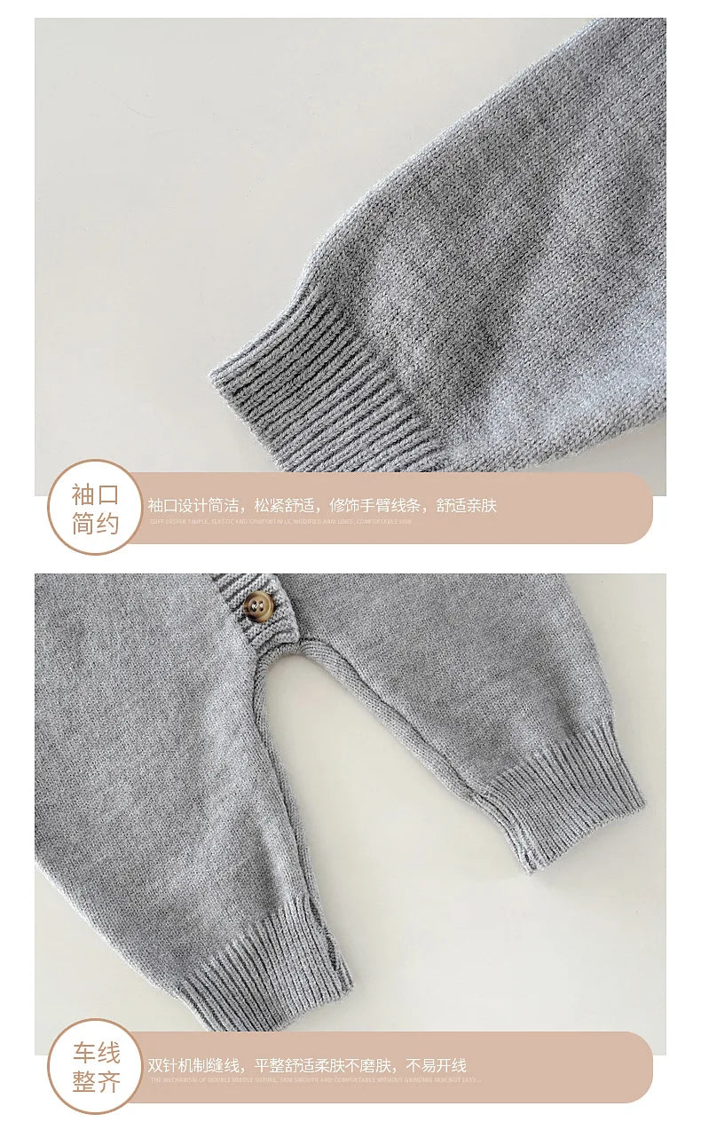 Round Ear Hooded Baby Knit Jumpsuit with Button Front and Ribbed Cuffs, Footless Spring and Fall Romper in Brown, Light Grey or Dark Grey