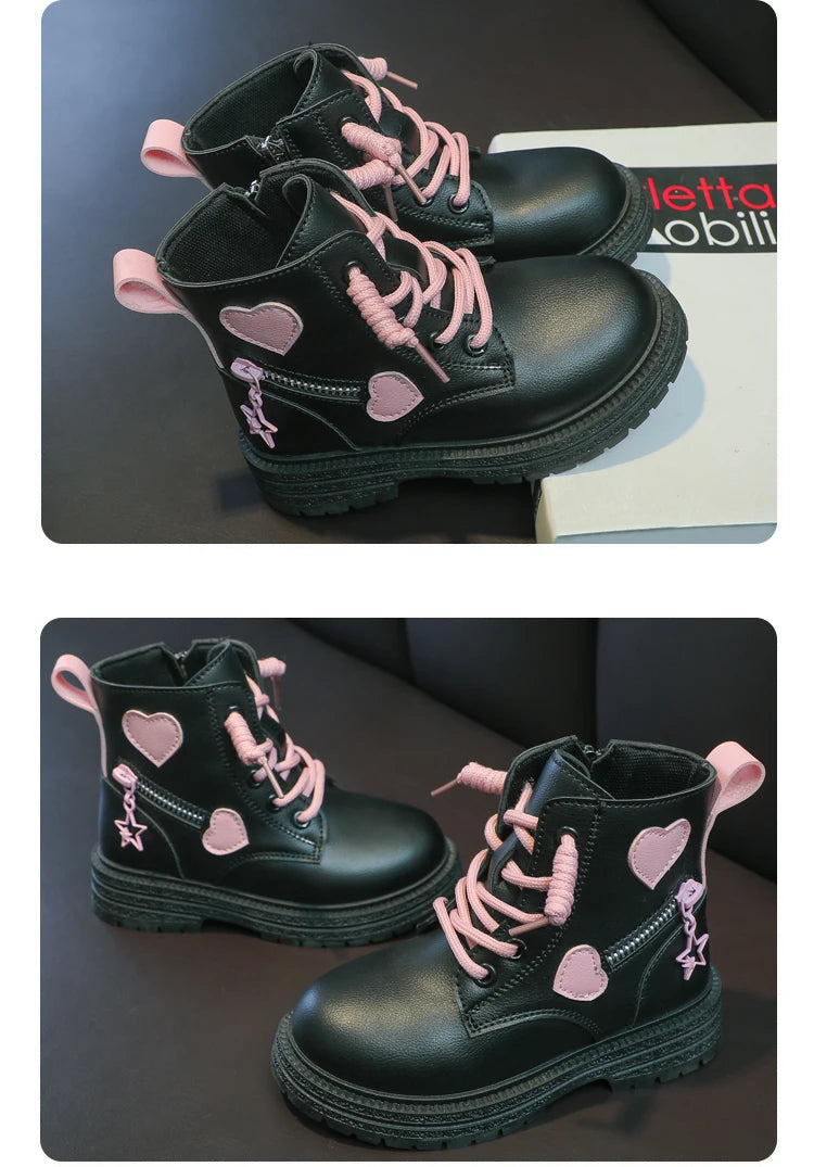 Girls Heart Ankle Boots with Lace-Up Front, Side Zipper and Star Accents, Pink or Black Fashion Shoes with Optional Plush Lining, Sizes 26–37